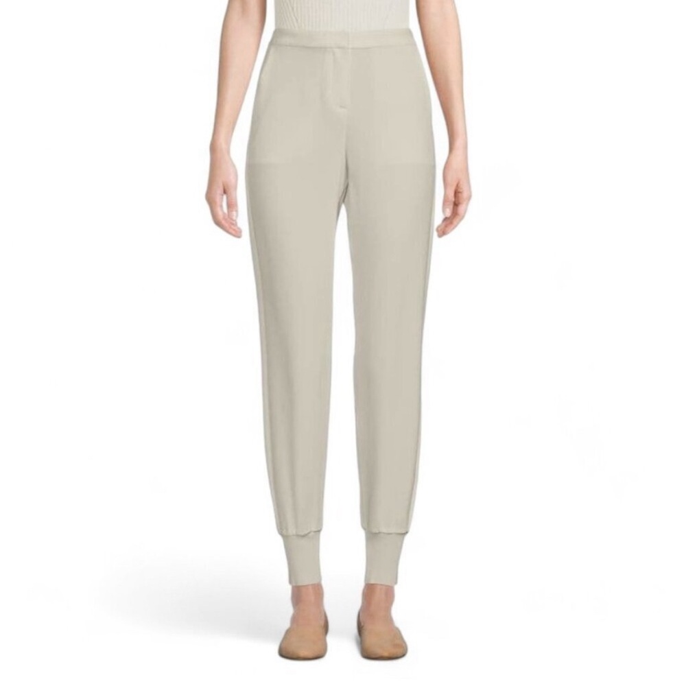 Theory Essential Jogger Pants Classic Crepe White Elastic Waistband Cuffed Sz P